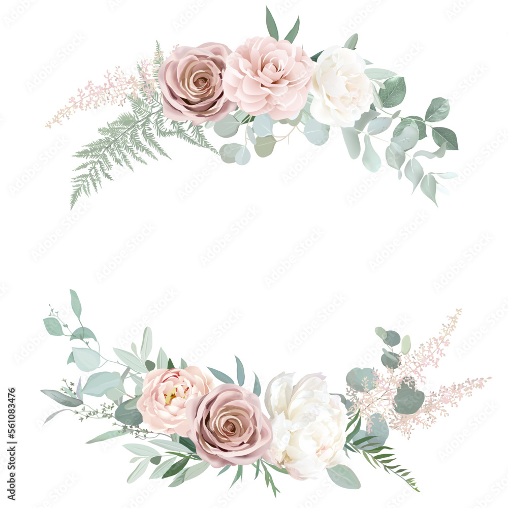 Silver sage and blush pink flowers vector round frame. Creamy beige and dusty rose, ranunculus