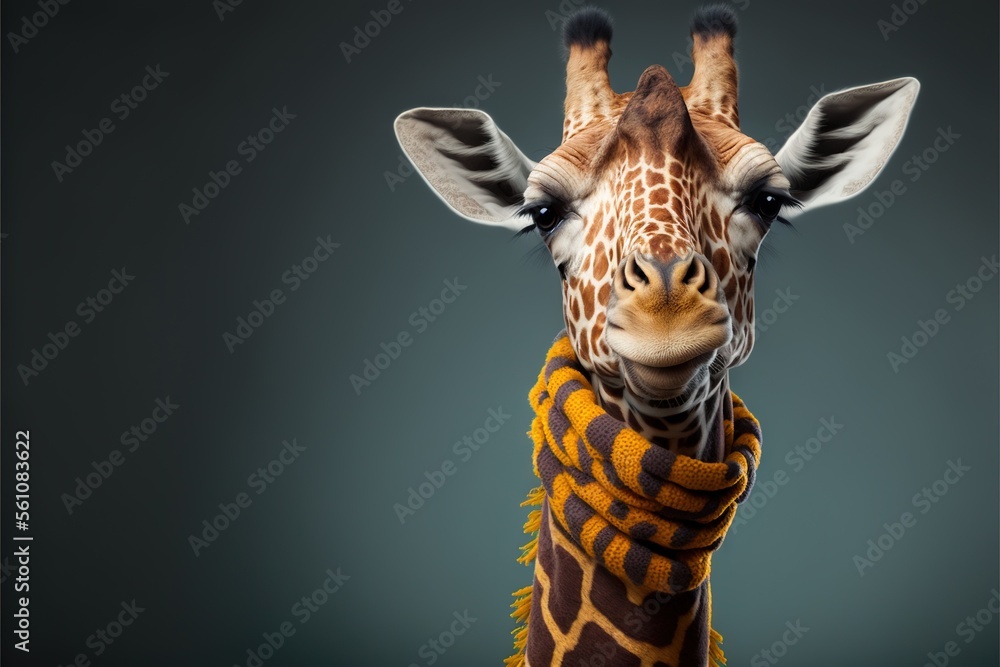 Obraz premium a giraffe with a scarf around its neck looking at the camera with a black background behind it and a gray background behind it, with a black background with a gray back drop. generative ai
