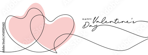 Valentine's day, Love, family, care concept. Hearts continuous one line drawing border. Hearts in modern line art style isolated on white background. Design elements with lettering for Valentines card