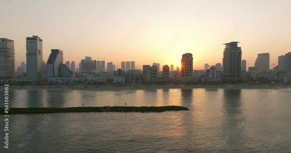 Tel Aviv coastline during sunrise, Fly over Tel Aviv coastline during sunrise, Fly over
