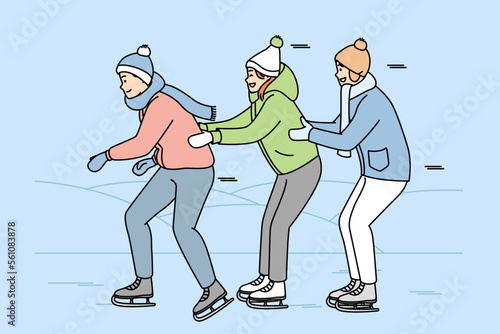 Girl, guys in warm clothes are skating holding each other. Young skaters have fun on ice rink. Winter games. Sport, healthy lifestyle. Vector line art multicolored illustration isolated on blue.