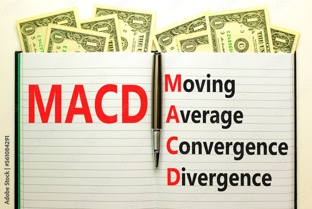 MACD symbol. Concept words MACD moving average convergence divergence on white note on beautiful white background. Business MACD moving average convergence divergence concept. Copy space.