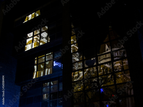 Reflection of the church of Szeged in the glass