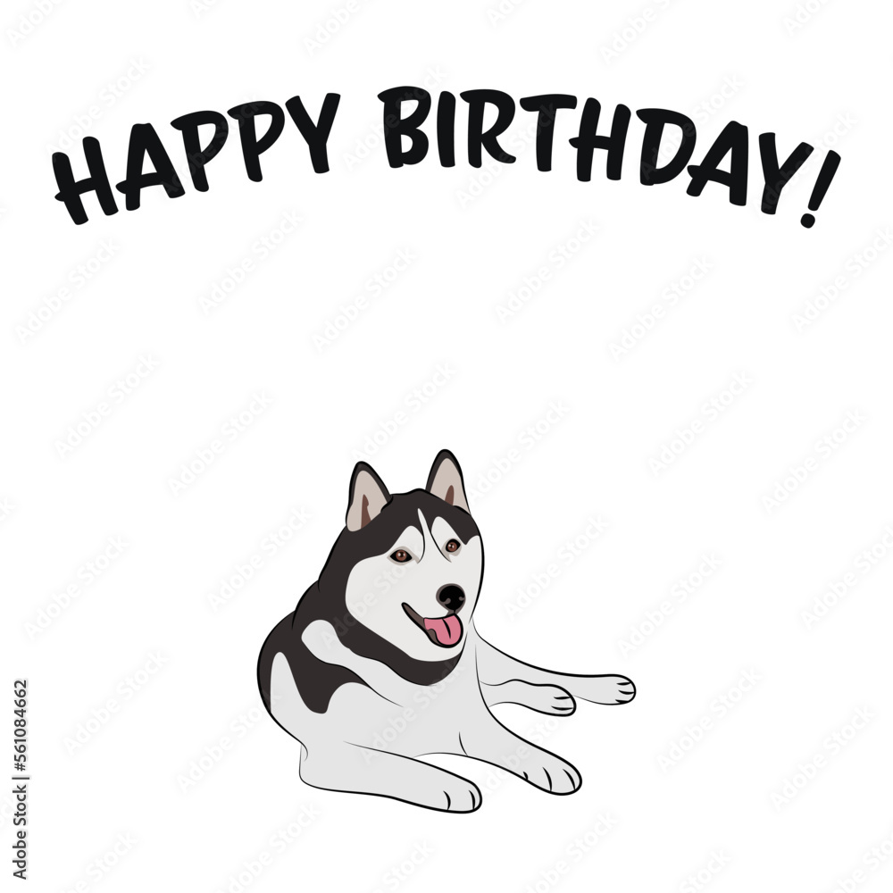 Happy birthday card with dog, holiday design. Present for a dog lover. Funny cartoon dog breed illustration. Minimalistic greeting card. Fun Husky dog character party postcard. Happy birthday card with dog, holiday design. Present for a dog lover. Funny cartoon dog breed illustration. Minimalistic greeting card. Fun Husky dog character party postcard.