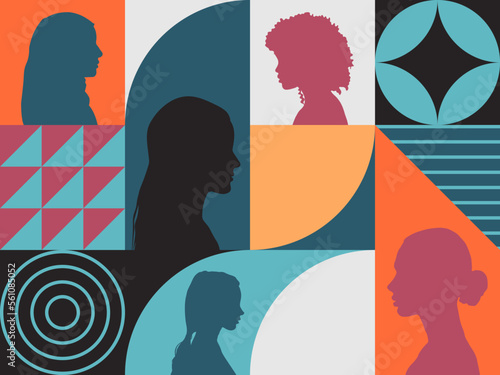 Multiethnic women silhouette profile. Concept of racial equality, friendship, empowerment, woman power. Abstract geometric banner.