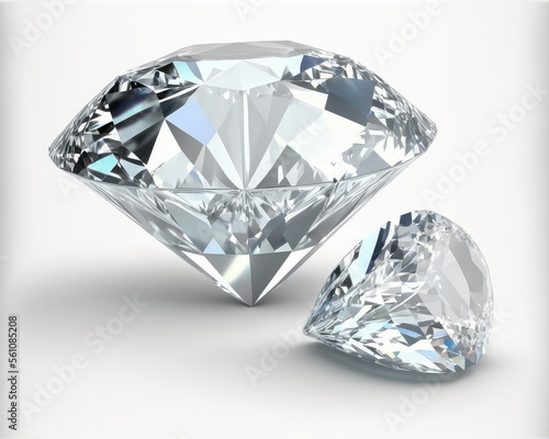 White round brilliant cut diamond, close-up side view with light reflection, isolated on white background. 3D rendering illustration (ai generated)