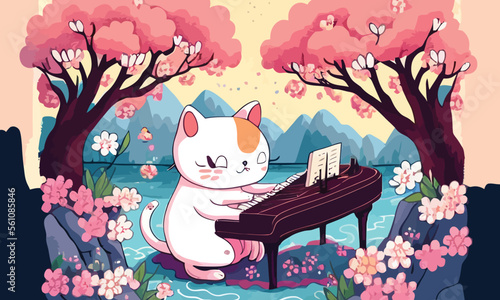 cute anthropomorphic cat playing the piano