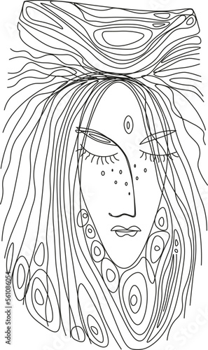 The girl's face is drawn with a line. Hair. Coloring book antistress. Meditation coloring. Vector image for prints on fabric paper for decorating clothes and interiors. Modern Art. Graphics.