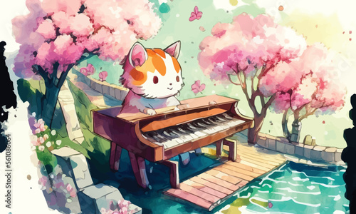 cute anthropomorphic cat playing the piano
