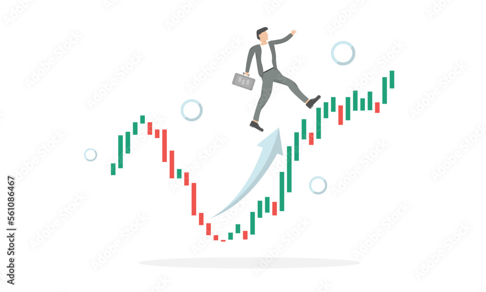 Vector image of a person running along an upward quote. The concept of successful trading Vector image of a person running along an upward quote. The concept of successful trading