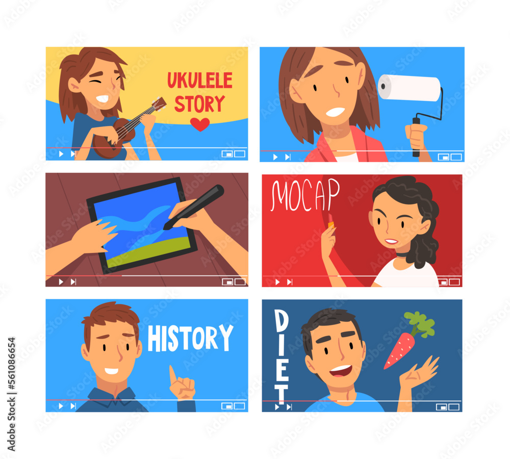 Set of bloggers and vloggers making internet. Male and female characters creating video about makeup, history, diet for vlog cartoon vector illustration Set of bloggers and vloggers making internet. Male and female characters creating video about makeup, history, diet for vlog cartoon vector illustration