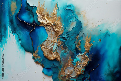 alcohol ink idigo navy blue Gold and blue marbling abstract background, watercolor paint texture imitation created with Generative AI © Nokhoog