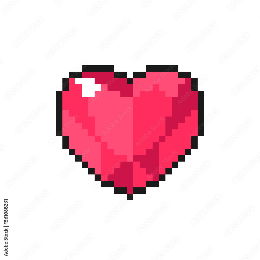Fototapeta premium Gemstone heart shape ruby icon in pixel art style. Love symbol for Valentine's Day. Isolated on white background vector sign