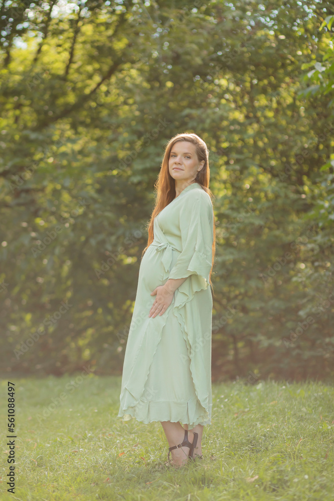 Young pregnant girl stands in park, looks at camera, green trees on background. Brown haired woman wears dress.Magic happy pregnancy. Childbirth preparation, emotional connection with baby.Vertical Young pregnant girl stands in park, looks at camera, green trees on background. Brown haired woman wears dress.Magic happy pregnancy. Childbirth preparation, emotional connection with baby.Vertical
