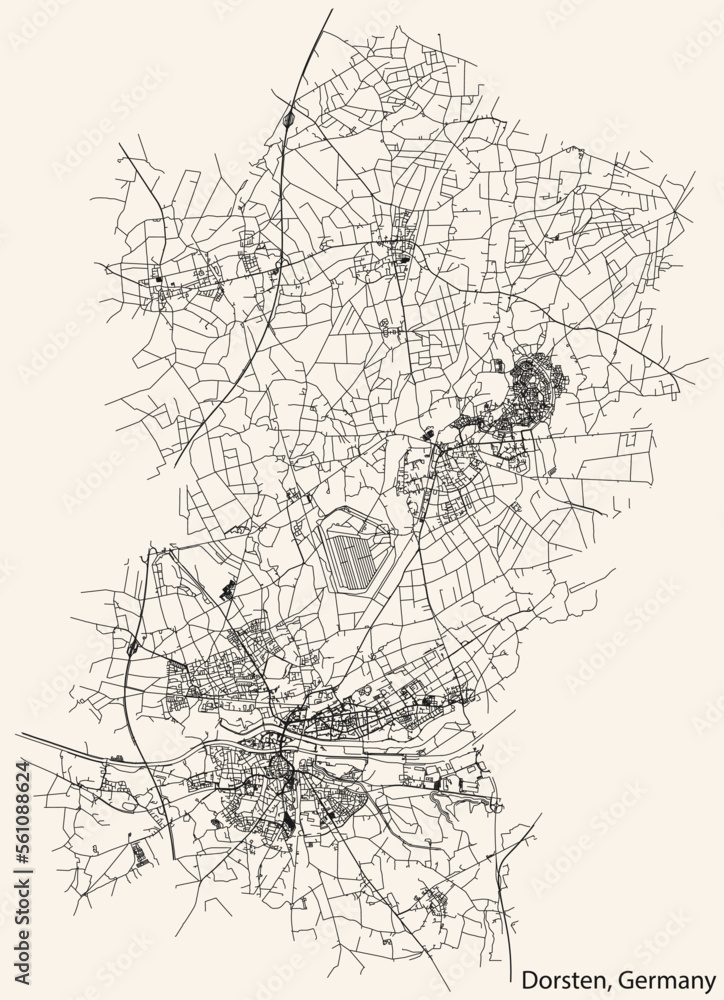Detailed navigation black lines urban street roads map of the German town of DORSTEN, GERMANY on vintage beige background