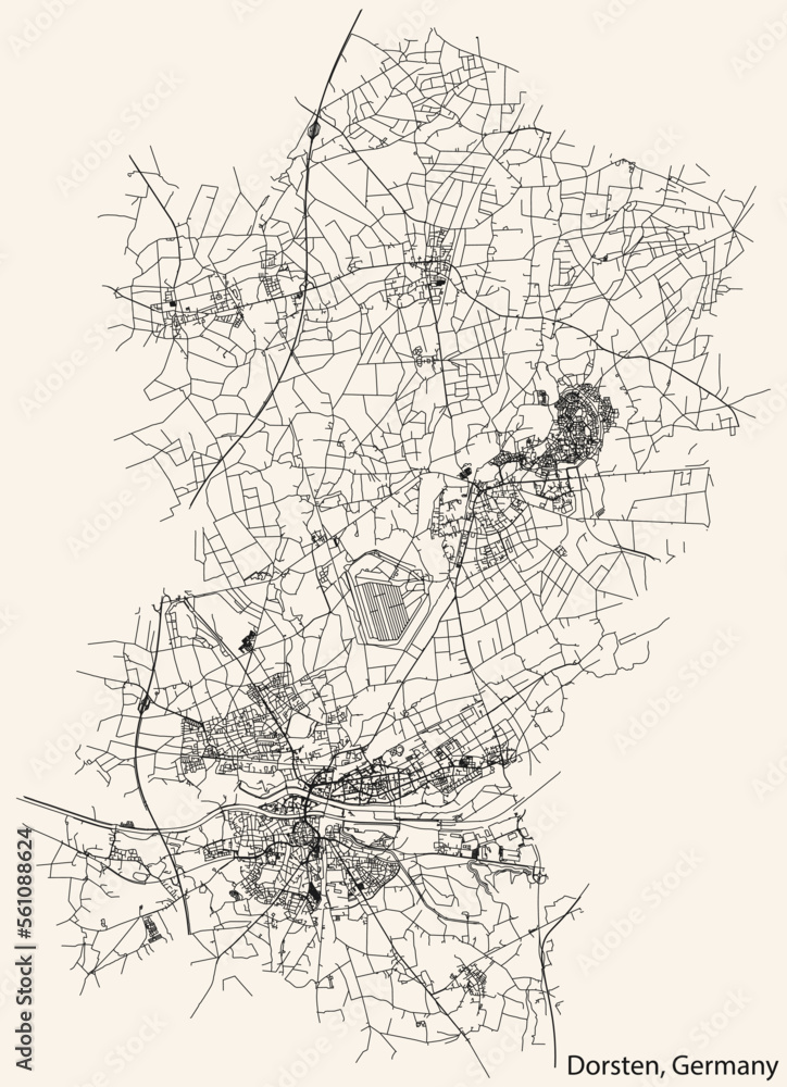 Detailed navigation black lines urban street roads map of the German town of DORSTEN, GERMANY on vintage beige background Detailed navigation black lines urban street roads map of the German town of DORSTEN, GERMANY on vintage beige background