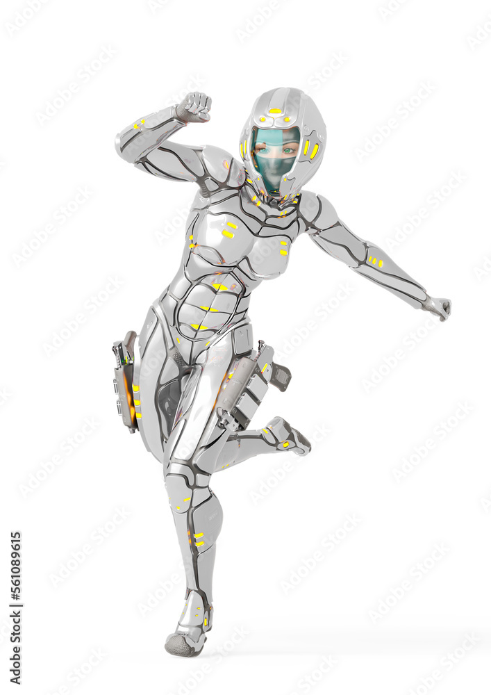 astronaut girl on sci-fi suit is running fast