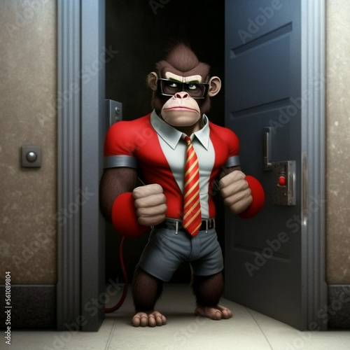 Muskulärer Affe mit rotem Anzug, Krawatte und Sonnenbrille (Affe als Türsteher) photo