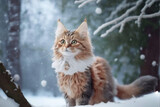 Brown Mainecoon cat in snow, Generative AI