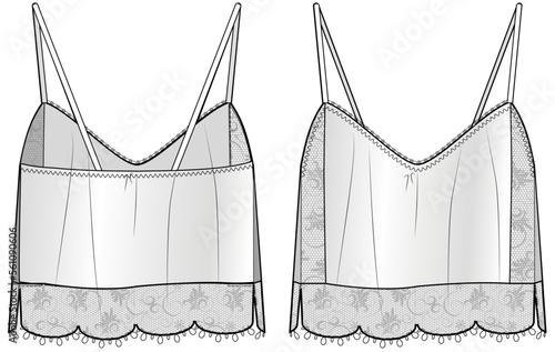 ASJUSTABLE STRAP CAMI WITH LACY HEMLINE AND SLIT DETAIL SLEEPWEAR TOP FOR  WOMEN AND TEEN GIRLS IN EDITABLE VECTOR FILE