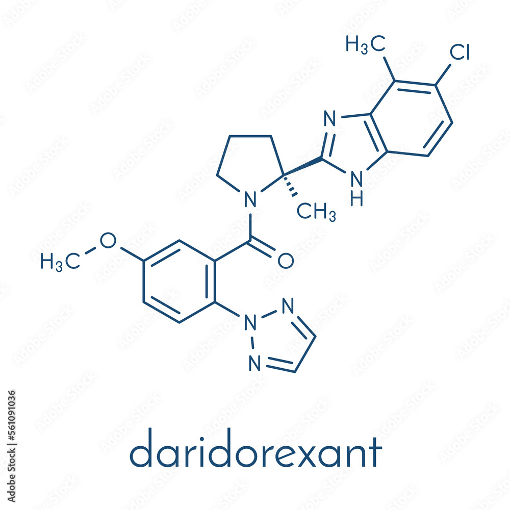 Daridorexant insomnia drug molecule. Skeletal formula. Daridorexant insomnia drug molecule. Skeletal formula.
