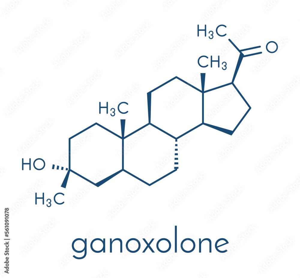 Ganaxolone epilepsy drug molecule. Skeletal formula. Ganaxolone epilepsy drug molecule. Skeletal formula.