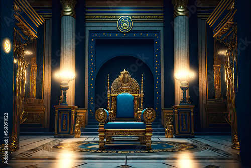 Throne room, blue and gold, royal. Generative AI