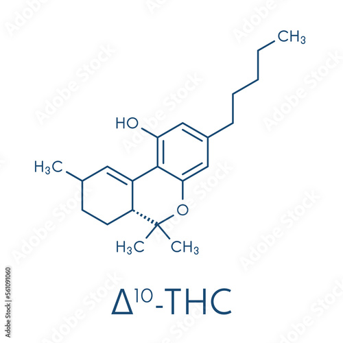 Delta-10-tetrahydrocannabinol (D10-THC) molecule. Isomer of Delta-9-THC. Skeletal formula.