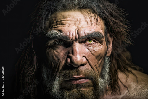 Neanderthal portrait. Generative AI photo