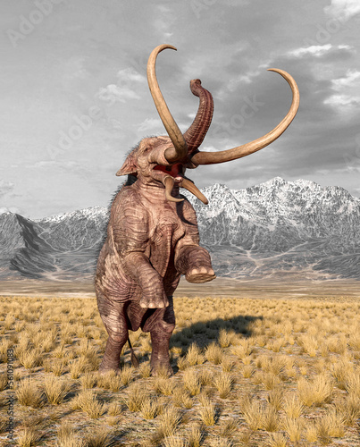 mammoth is prancing in plains and mountains