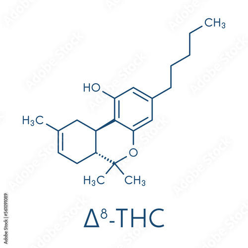 Delta-8-tetrahydrocannabinol (D8-THC) molecule. Isomer of Delta-9-THC. Skeletal formula.