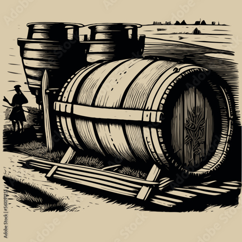 Wooden barrel on rural landscape engraving. Black and white rustic vintage vector illustration for label.