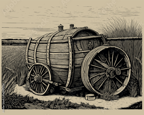 Wooden barrel on rural landscape engraving. Black and white rustic vintage vector illustration for label.