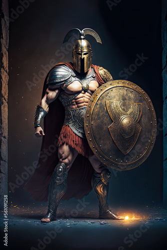 Spartan warrior with shield, full body, vertical. Generative AI