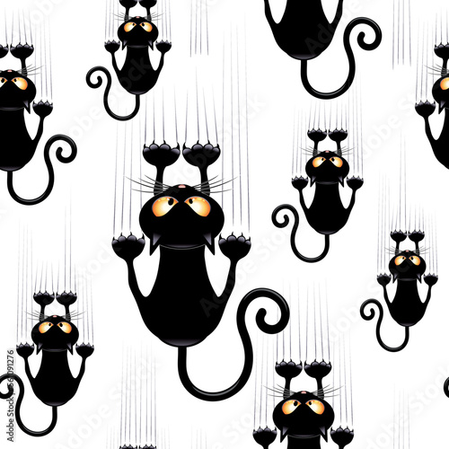 Funny and Confused Naughty Cat Cartoon Character hanging on, and scratching fabric, or curtain, or wall. Assembled to compose a Vector Seamless Repeat Pattern Background.    © BluedarkArt