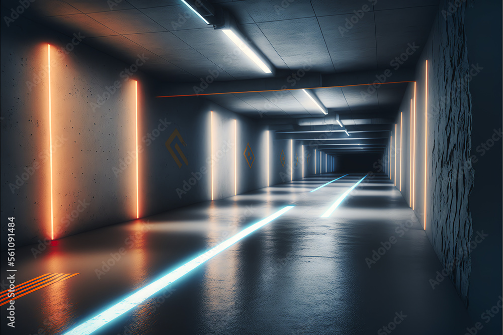 Neon Laser Spotlight: A Realistic 3D Rendering of a Rough Concrete Cement Asphalt Underground Tunnel Corridor Hallway Showroom Warehouse Basement Studio Garage Hangar with White Lights
