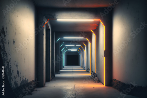 Neon Laser Spotlight: A Realistic 3D Rendering of a Rough Concrete Cement Asphalt Underground Tunnel Corridor Hallway Showroom Warehouse Basement Studio Garage Hangar with White Lights