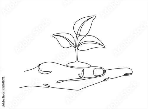 Continuous one line drawing of back to nature theme with hand holding a plant. Concept of growing and love earth.