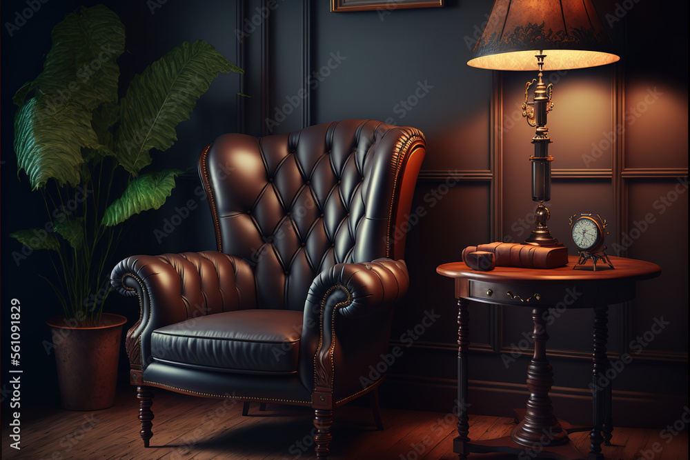 Vintage dark living room interior close up with leather sofa.3d