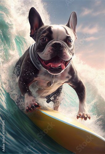 Happy french bulldog, floating on a yellow surfboard in the waves