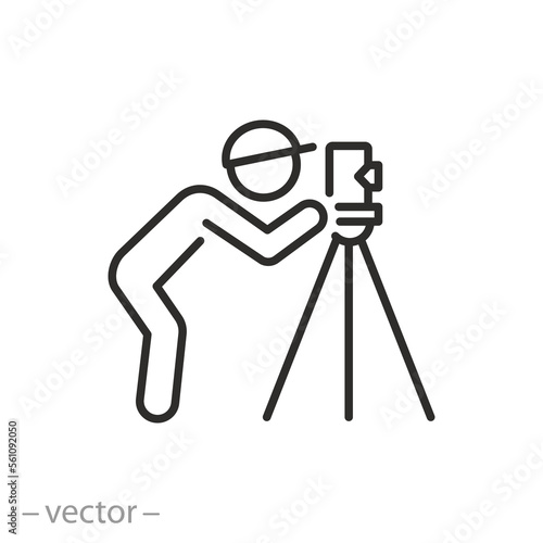land surveyor icon, measure with alignment laser tripod, engineering survey specialist, geodesy work, thin line symbol - editable stroke vector illustration