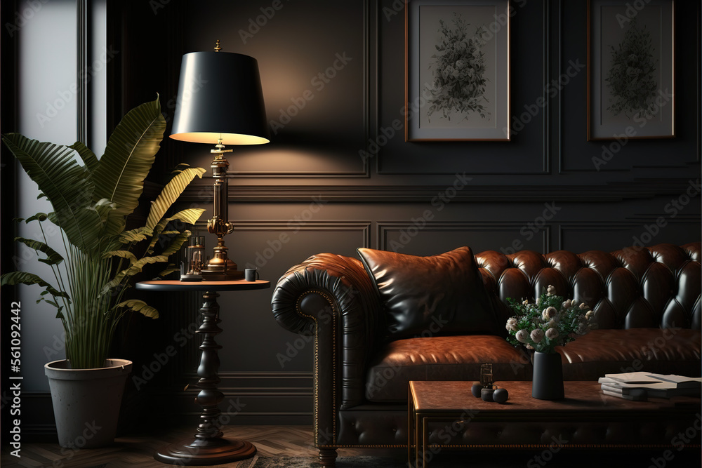 Vintage dark living room interior close up with leather sofa.3d