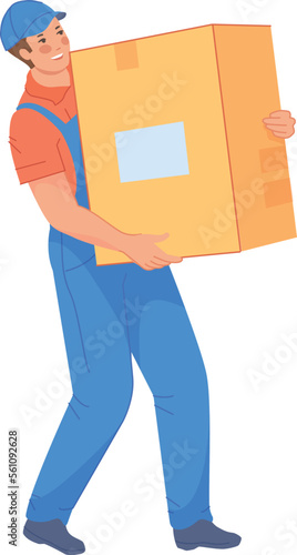 Mover carrying cardboard box. Service worker character