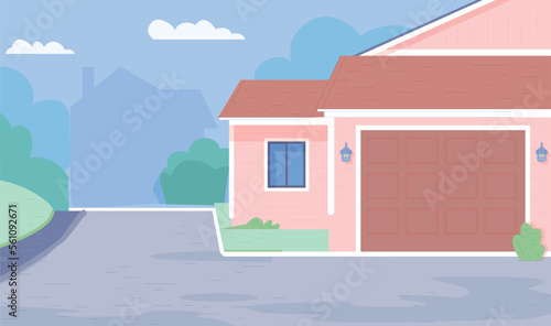 Suburban house facade. Empty driveway scene background
