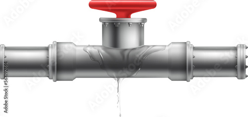 Metal pipe with red valve. Realistic pipeline element