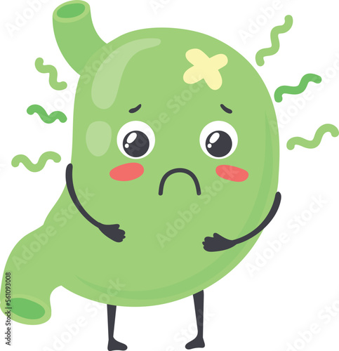 Sick stomach green mascot. Poisoning sickness character