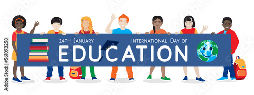 International Day of Education, 24 January vector poster. Group of diverse happy school kids stand holding banner, stack of books, Earth globe, graduation hat, schoolbag. Isolated at white background