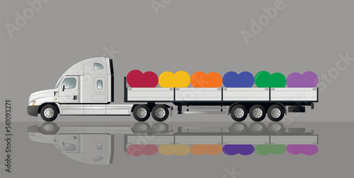 Happy Valentine's Day. A modern American truck with a semi-trailer carries red hearts for the holiday.