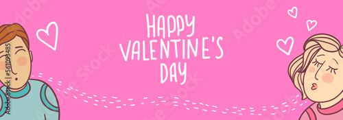 Happy Valentine's day banner. Man and woman in love. Air kiss. Blow each other a kiss. Retro style illustration with 90s vibe