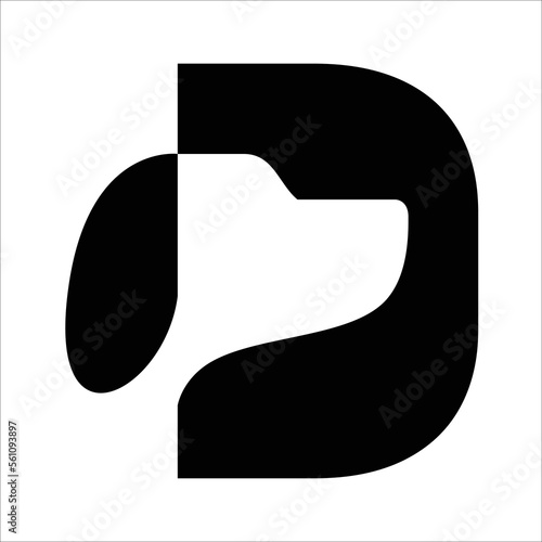 A minimalist graphic vector illustration featuring a stylized letter “D” creatively combined with the silhouette of a dog’s head